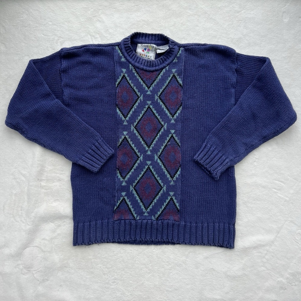 VTG Hoopla Sweater Knit Cotton Ramie Geometric Purple Teal Black Size L 80s 90s